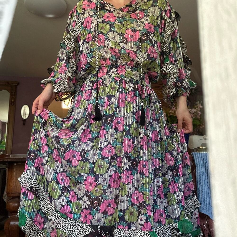 Vtg 80s Sunset Joi Lee Multicolor Floral Satin Georgette Midi Dress Resortwear